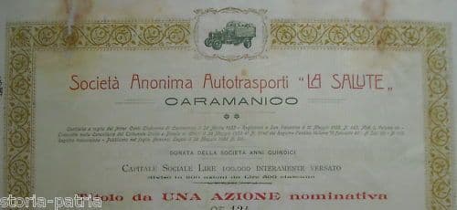 Azione Società Autotrasporti La Salute Caramanico, 1922, Abruzzo