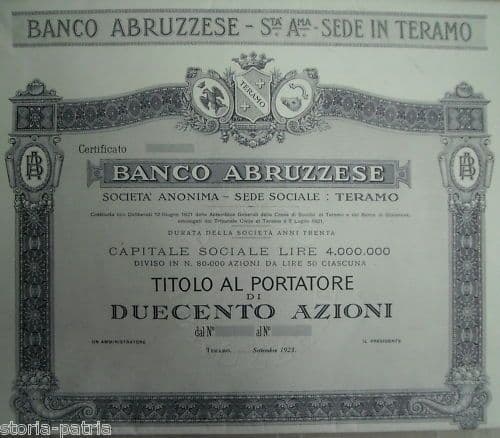 Certificato Azionario Banco Abruzzese Teramo 1923 Araldica