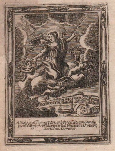 Antica Incisione Di Santa Irene Protettrice Dai Fulmini Con Veduta Di Città