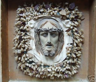 Bacheca Devozionale Con Volto Di Cristo, Cartapesta E Fiori In Cera, Metà XIX Secolo