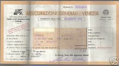 Quietanza Assicurazioni Generali Venezia, 1943   Documento Storico