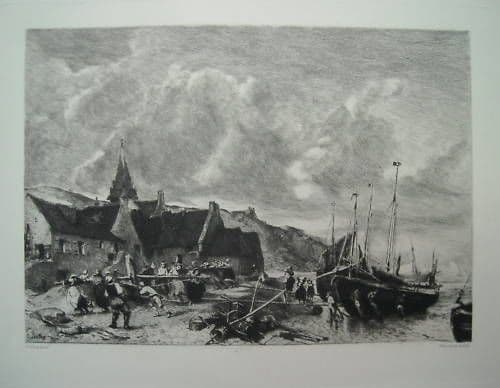 Incisione Originale Villaggio Pescatori Di Mordant Da Isabey Fine '800