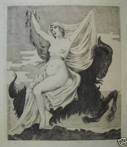 Femina Super Bestiam, Incisione All'Acquaforte Di H. Thiriez, Fine XIX Secolo