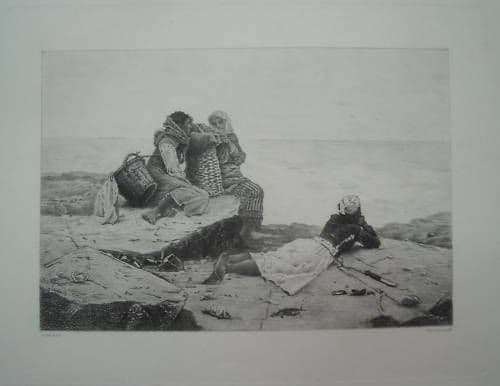 Incisione Antica: Veduta Costiera Con Pescatrici, Damman Da Billet, Fine XIX Secolo