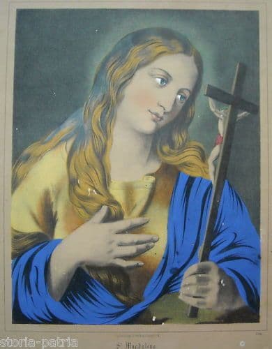 Litografia Santa Maddalena Originale Metà '800 Colorata A Mano