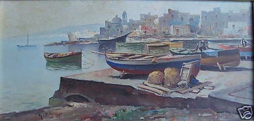 Dipinto Olio Su Tela Di G. Del Piano: Veduta Portuale