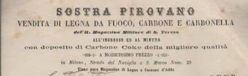 Stampa Pubblicitaria Sostra Pirovano, Milano 1869: Carbone E Legna