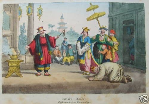 Antica Litografia Colorata: Teatro Cinese E Costumi Drammatici, 1850 Circa