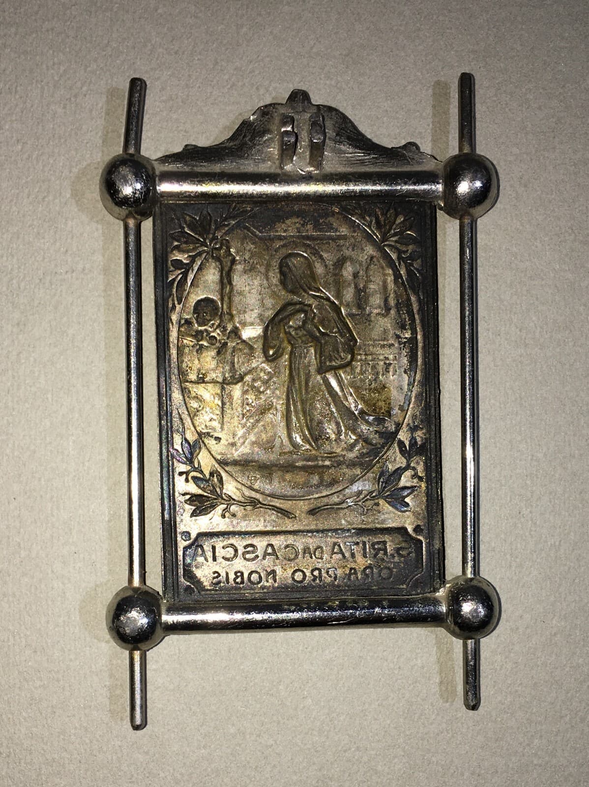 Arte Popolare Devozionale: Santa Rita Da Cascia, Antica Placchetta A Rilievo In Metallo