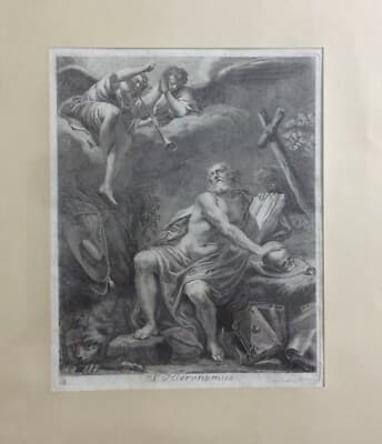 Arte Devozionale: San Girolamo, Antica Incisione All'Acquaforte Di Grandi Dimensioni