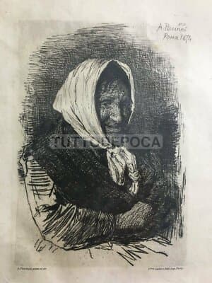 Antonio Piccinni: Ritratto Di Popolana Con Fazzoletto. Antica Incisione All'Acquaforte, 1874