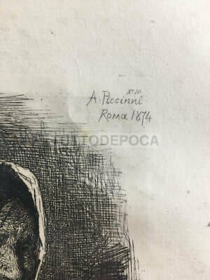 Antonio Piccinni: Ritratto Di Popolana Con Fazzoletto. Antica Incisione All'Acquaforte, 1874