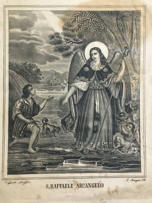 Arte Popolare Devozionale: San Raffaele Arcangelo, Tobia E Il Pesce. Litografia Scafa, Napoli