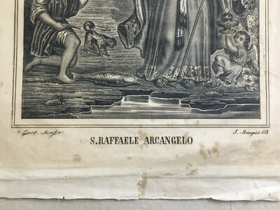 Arte Popolare Devozionale: San Raffaele Arcangelo, Tobia E Il Pesce. Litografia Scafa, Napoli