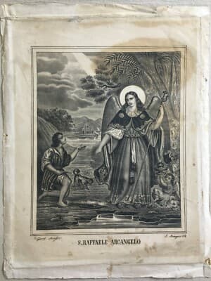 Arte Popolare Devozionale: San Raffaele Arcangelo, Tobia E Il Pesce. Litografia Scafa, Napoli