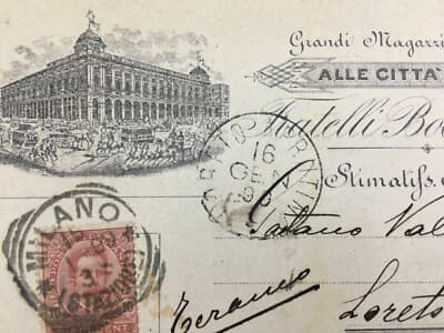 Milano: Grandi Magazzini Fratelli Bocconi. Cartolina Pubblicitaria, 1899