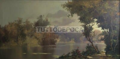 Arte: Suggestivo Antico Paesaggio Lacustre. Artista M. Rinaldi, XX Secolo