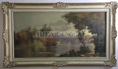 Arte: Suggestivo Antico Paesaggio Lacustre. Artista M. Rinaldi, XX Secolo