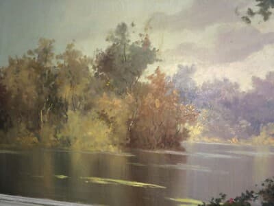 Arte: Suggestivo Antico Paesaggio Lacustre. Artista M. Rinaldi, XX Secolo