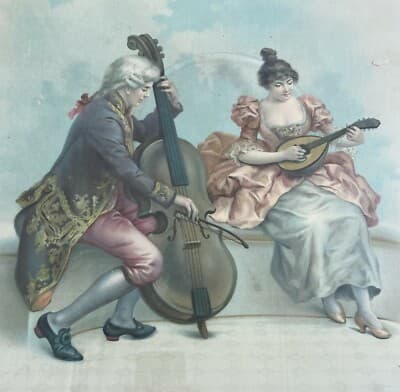 Musica E Musicisti: Coppia Di Musicanti Con Strumenti Musicali. Antica Stampa Del Primo '900