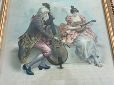 Musica E Musicisti: Coppia Di Musicanti Con Strumenti Musicali. Antica Stampa Del Primo '900