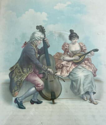 Musica E Musicisti: Coppia Di Musicanti Con Strumenti Musicali. Antica Stampa Del Primo '900