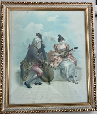 Musica E Musicisti: Coppia Di Musicanti Con Strumenti Musicali. Antica Stampa Del Primo '900