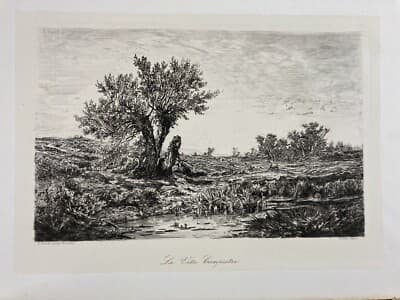 Edoardo Perotti: Paesaggio Campestre, Incisione Originale All'Acquaforte, Lovera, XIX Secolo