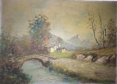 Arte Italiana Del '900: Paesaggio Montano Con Baite E Fiume (Arenzi)