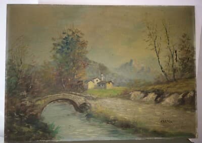 Arte Italiana Del '900: Paesaggio Montano Con Baite E Fiume (Arenzi)