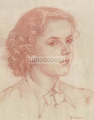 Arte Del Novecento: Ritratto Artistico A Matita Sanguigna, Firmato Parcus