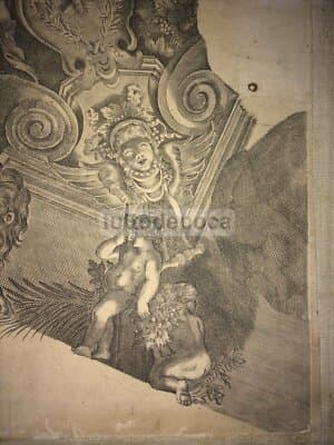 Araldica   Allegoria Della Fortezza   Stemma Con Ape   Antica Incisione   Da Cortona