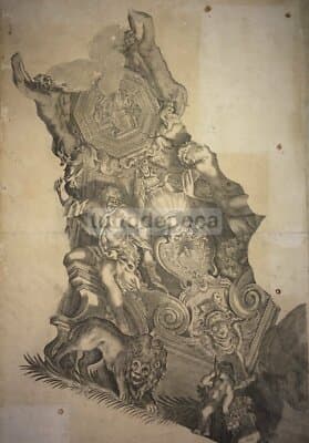 Araldica   Allegoria Della Fortezza   Stemma Con Ape   Antica Incisione   Da Cortona