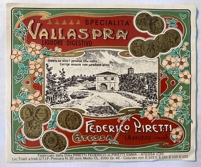 Abruzzo, Chieti, Atessa. Distilleria Liquori Vallaspra, Piretti. Etichetta Pubblicitaria
