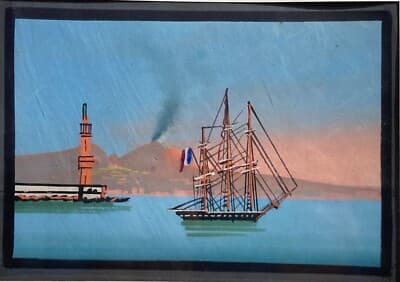 Marineria: Veduta Portuale Con Veliero, Faro E Vesuvio