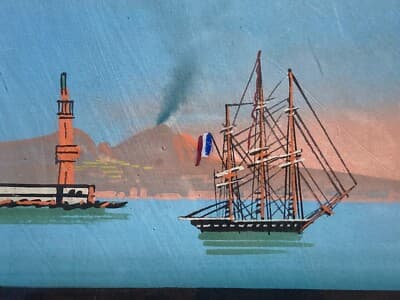 Marineria: Veduta Portuale Con Veliero, Faro E Vesuvio