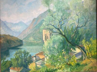 Mario Busini: Paesaggio Lacustre, Dipinto A Olio Su Compensato, 1941