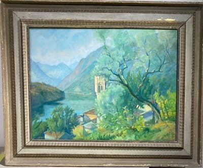 Mario Busini: Paesaggio Lacustre, Dipinto A Olio Su Compensato, 1941