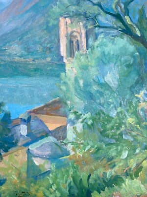 Mario Busini: Paesaggio Lacustre, Dipinto A Olio Su Compensato, 1941