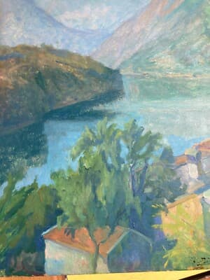 Mario Busini: Paesaggio Lacustre, Dipinto A Olio Su Compensato, 1941