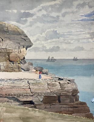 Veduta Paesaggistica Costiera Con Barche E Grotte A Swanage   Acquarello (1890)