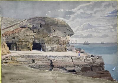 Veduta Paesaggistica Costiera Con Barche E Grotte A Swanage   Acquarello (1890)