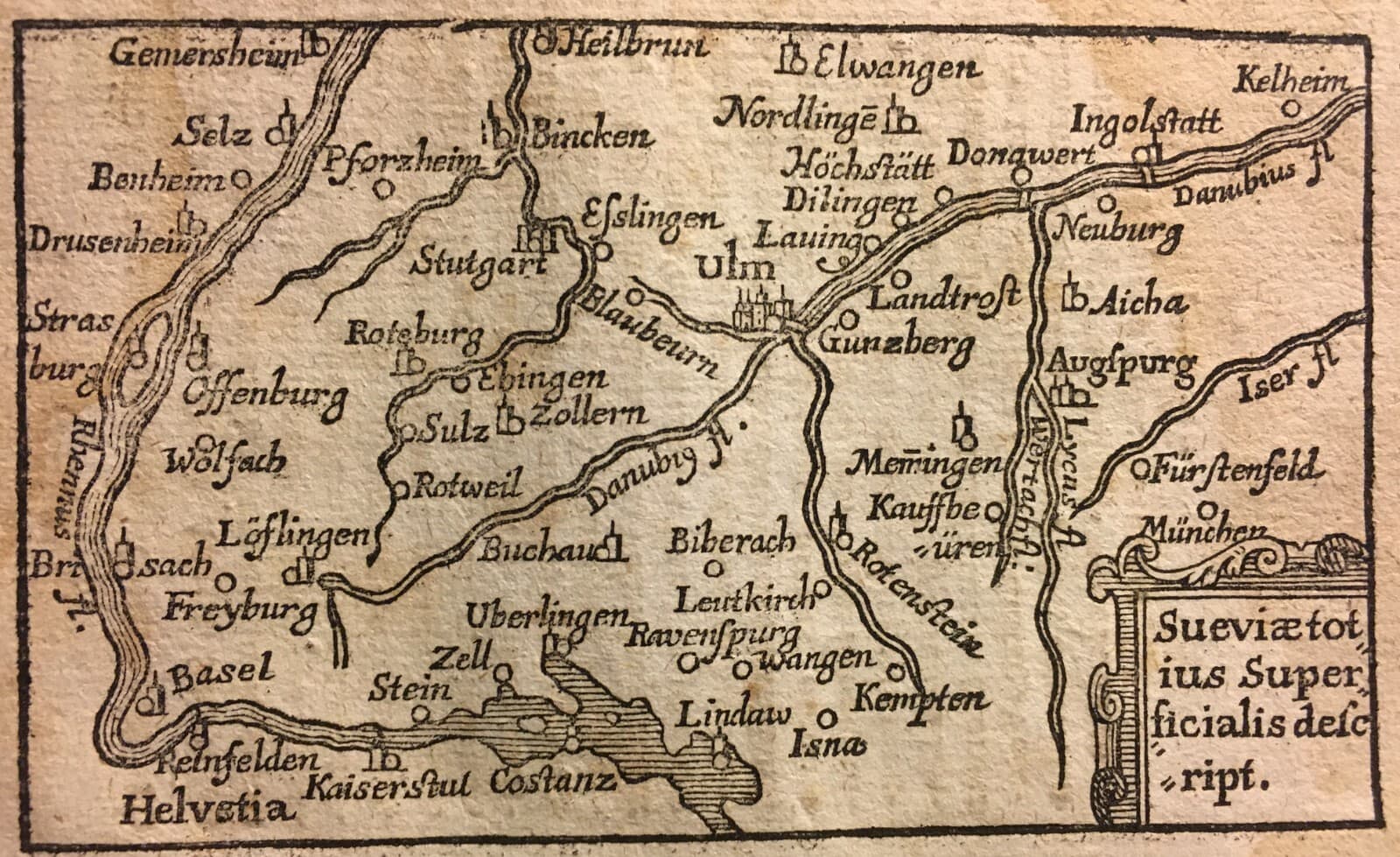 Antica Cartografia Europea: Svevia, Fiume Danubio, Monaco, Friburgo, Basilea, Ulm