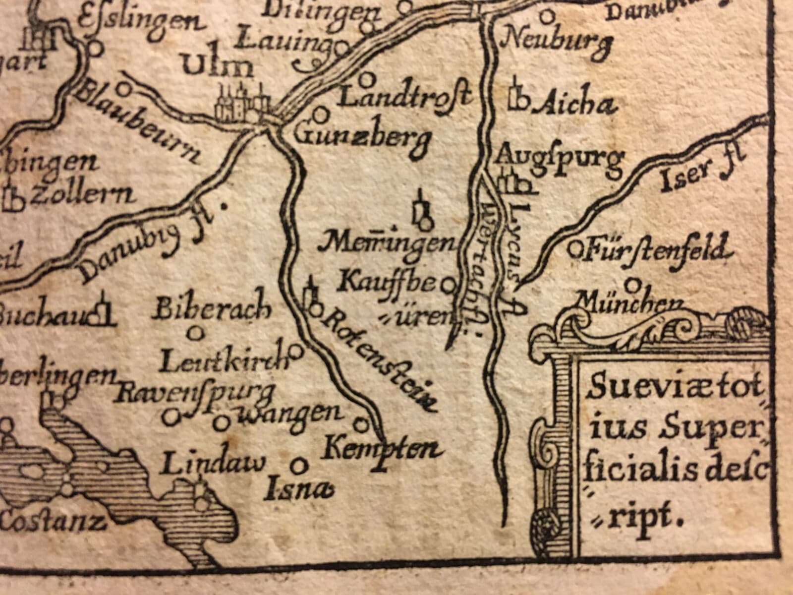 Antica Cartografia Europea: Svevia, Fiume Danubio, Monaco, Friburgo, Basilea, Ulm