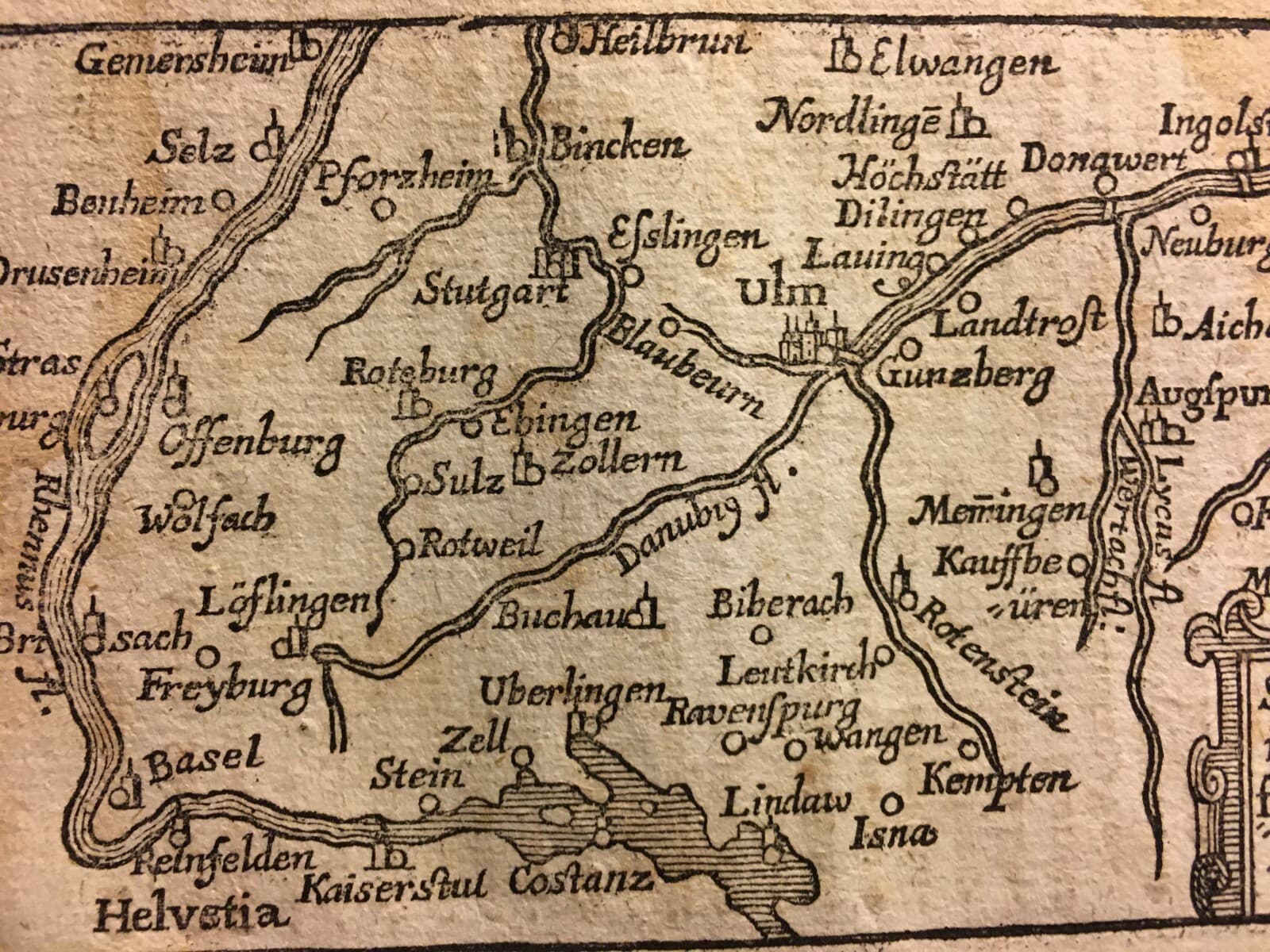 Antica Cartografia Europea: Svevia, Fiume Danubio, Monaco, Friburgo, Basilea, Ulm