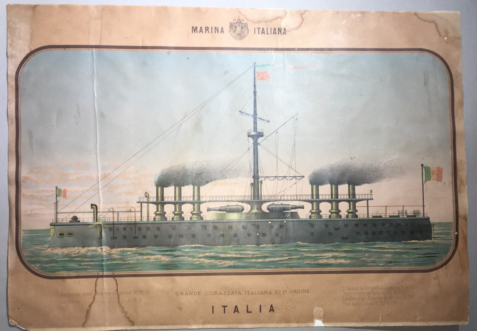 Mare, Marineria, Marina Militare Italiana, Corazzata Italia, Antica Cromolitografia.