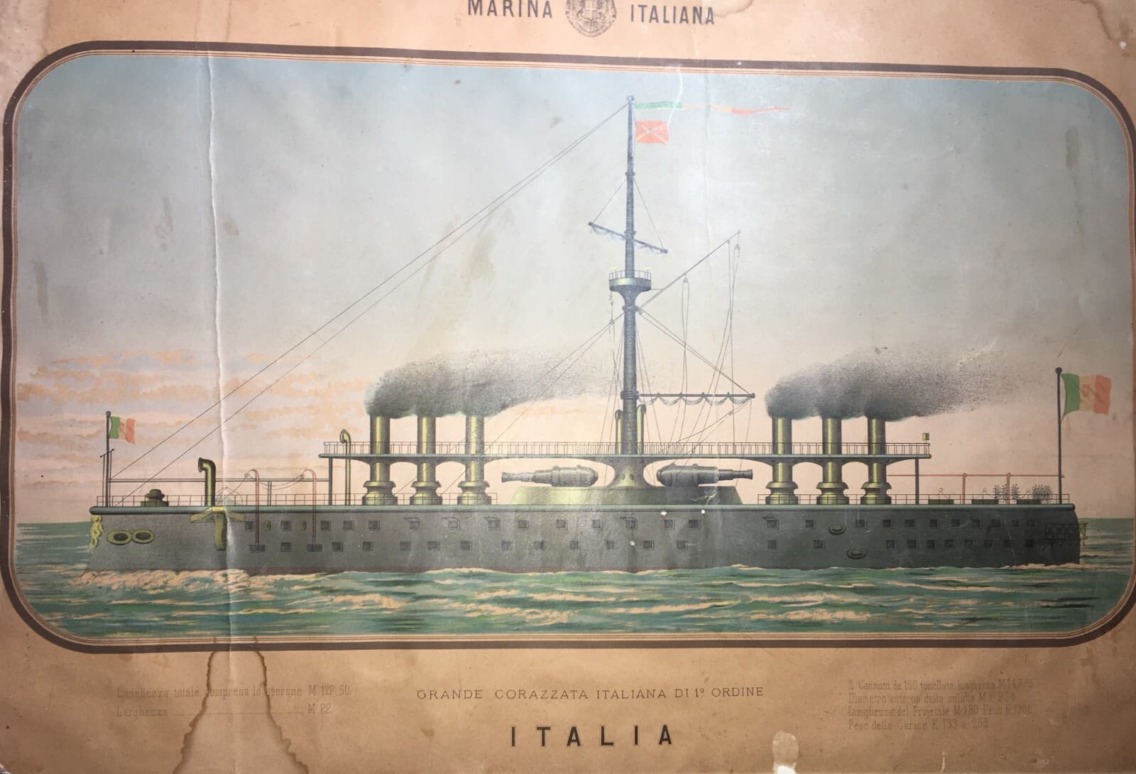 Mare, Marineria, Marina Militare Italiana, Corazzata Italia, Antica Cromolitografia.