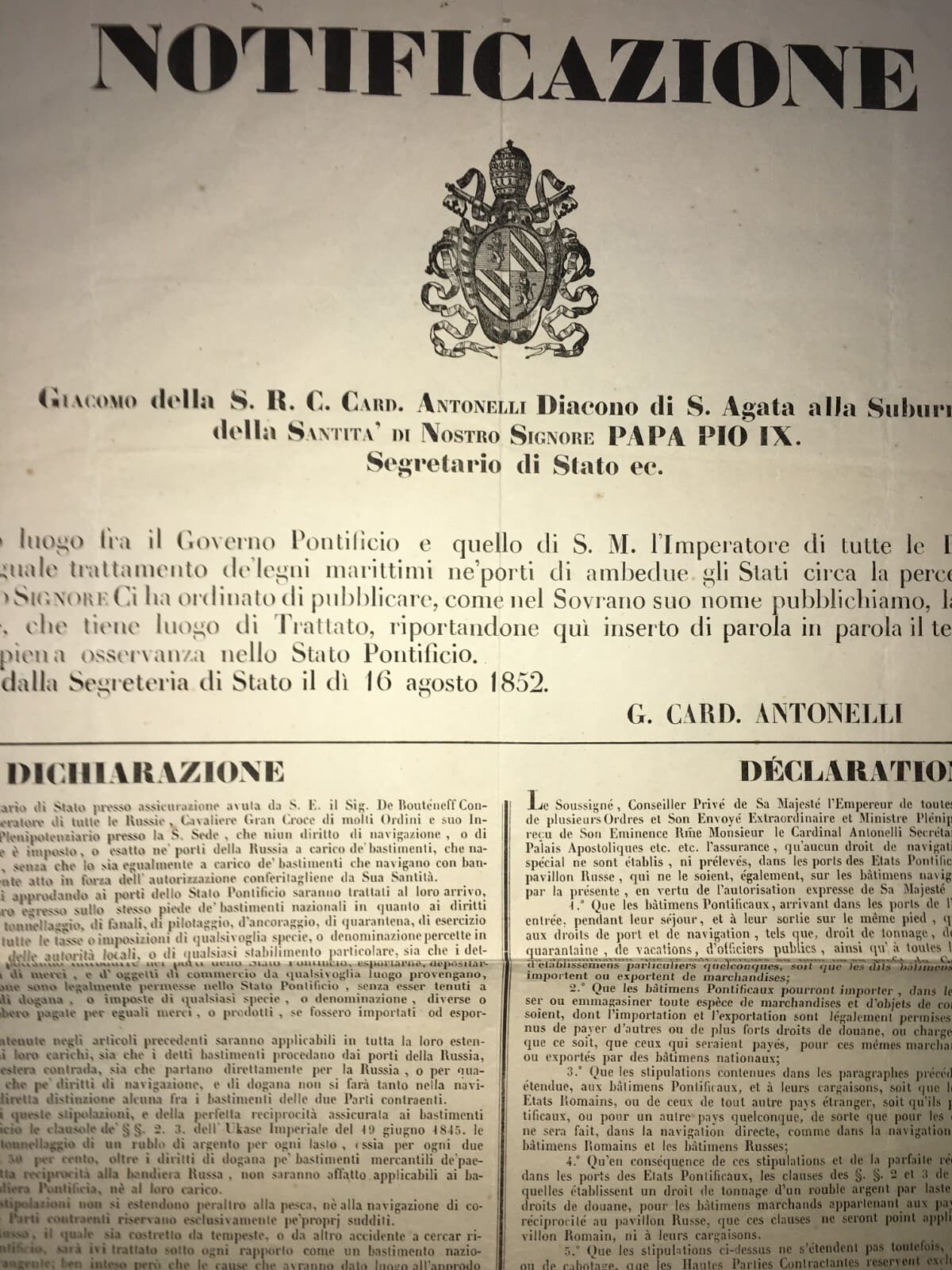 Notificazione Dello Stato Pontificio Sull'Approdo Di Bastimenti Russi, 1852