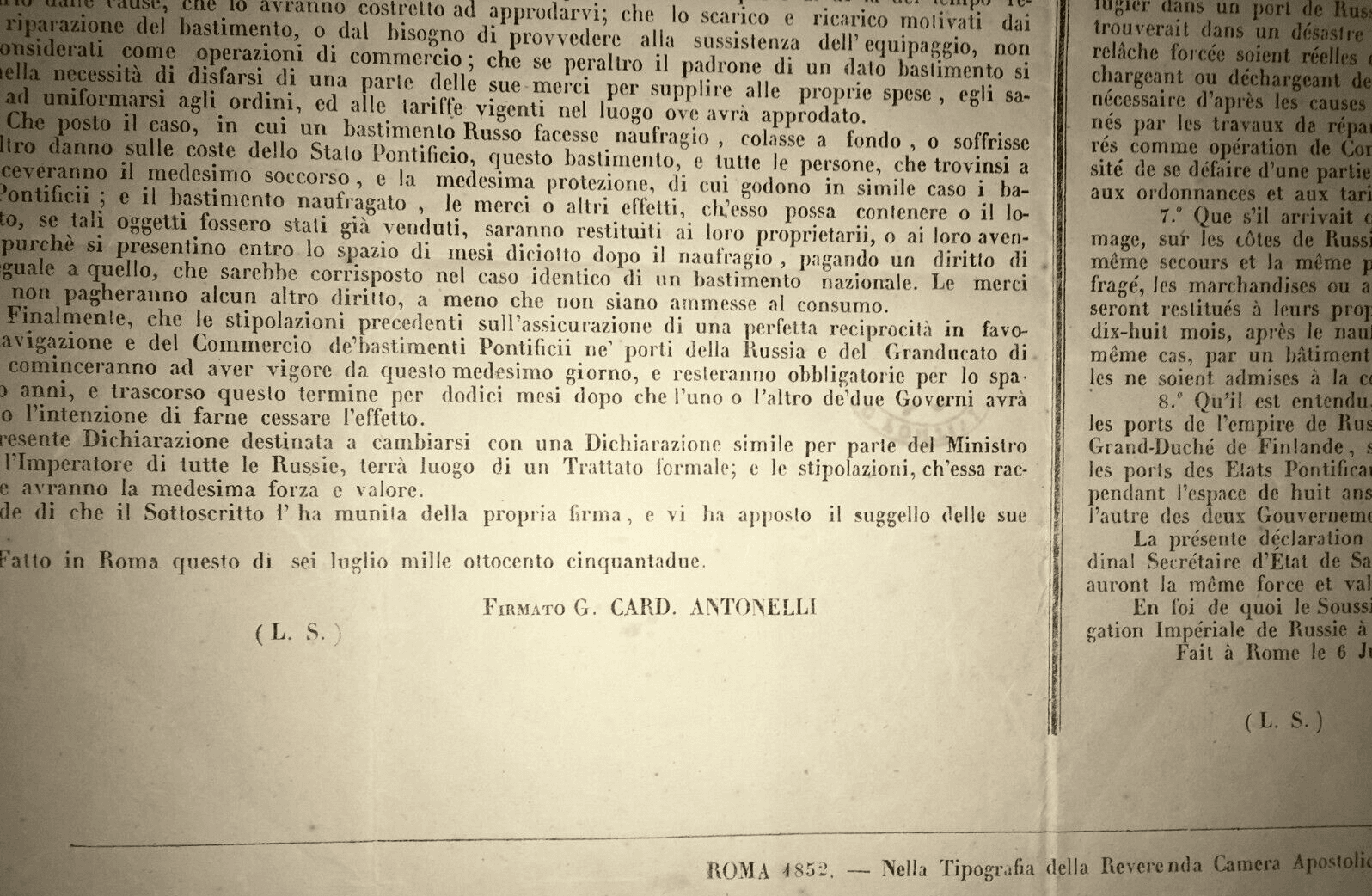 Notificazione Dello Stato Pontificio Sull'Approdo Di Bastimenti Russi, 1852