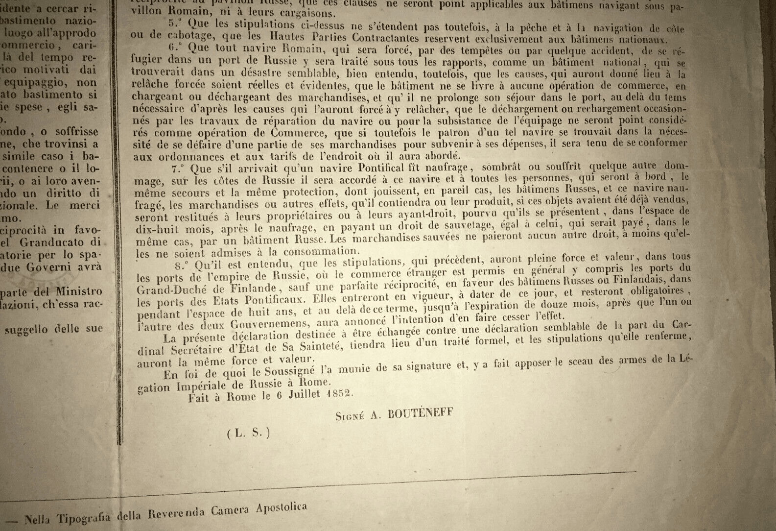 Notificazione Dello Stato Pontificio Sull'Approdo Di Bastimenti Russi, 1852